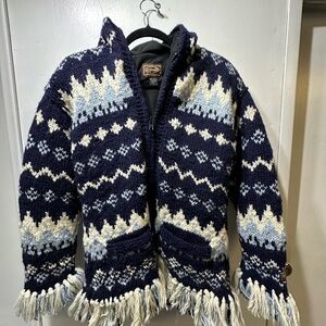 Unique and Rare Navy and Cream Knit Cardigan with Fringe